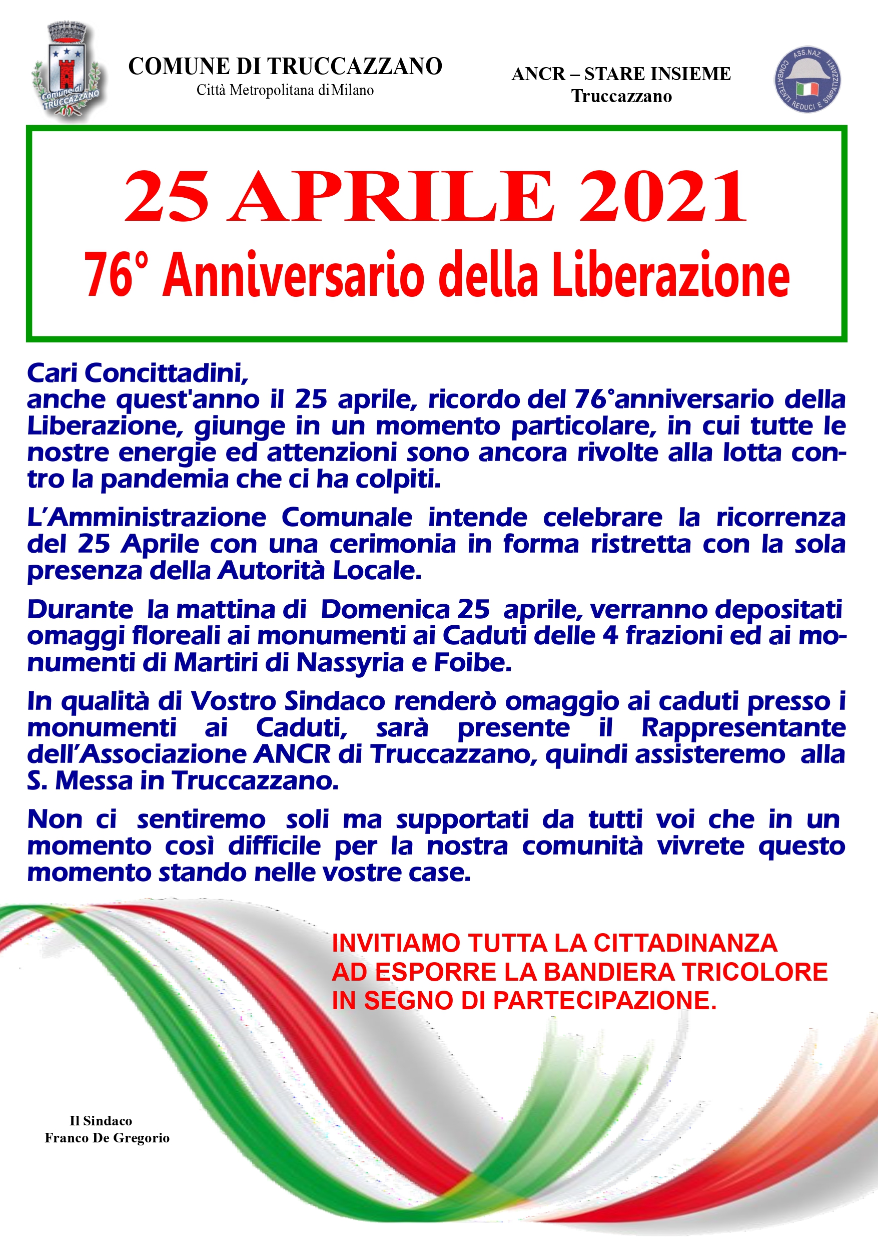 Commemorazione 25 Aprile 2021 Comune Di Truccazzano Comune Di Truccazzano